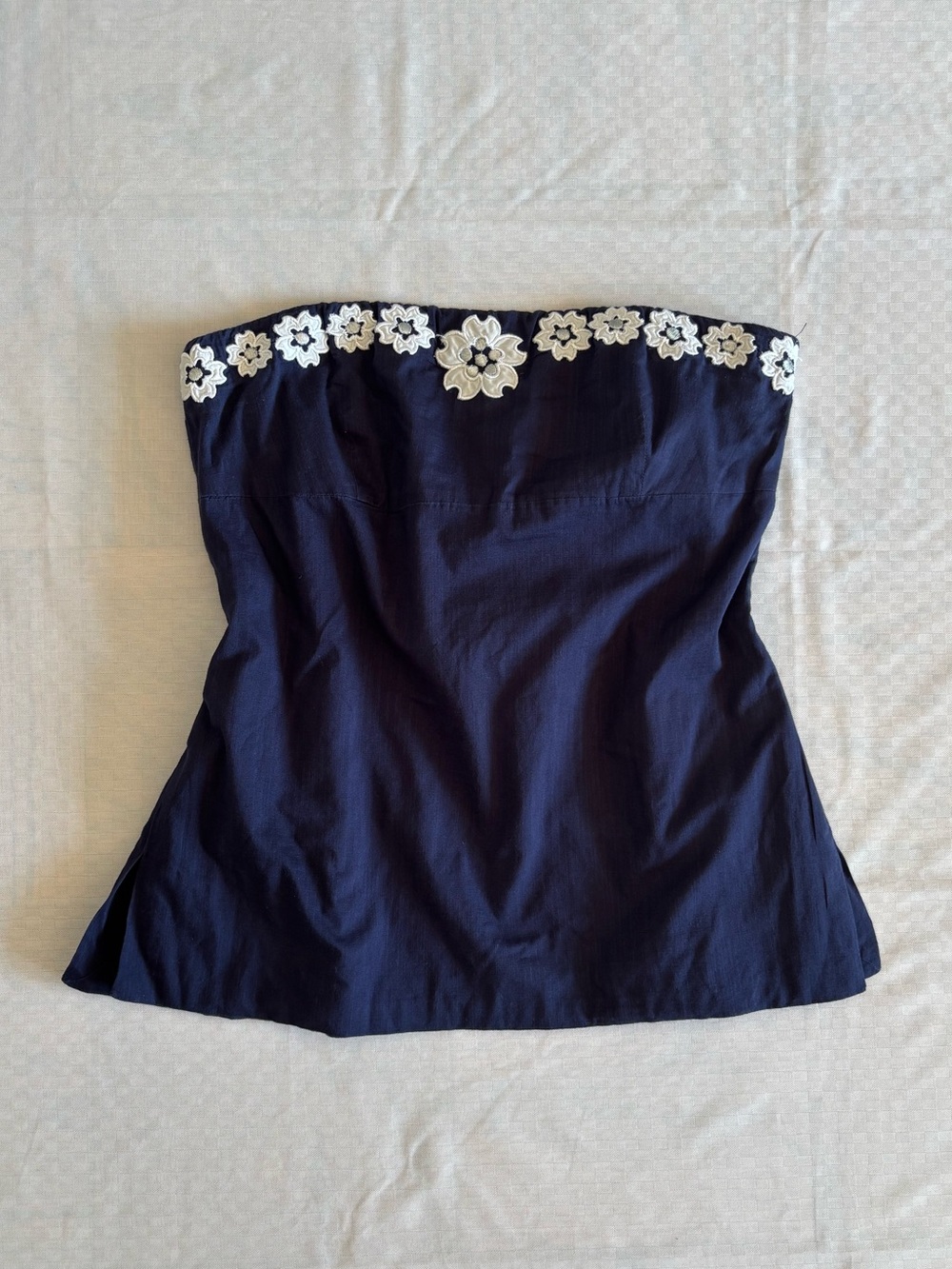 J.Crew navy blue 100% cotton strapless top with white floral embroidery